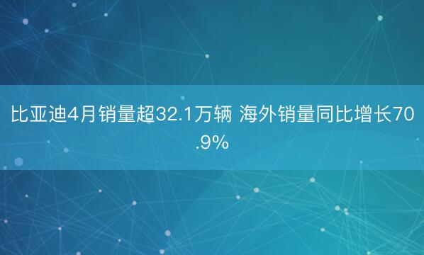 比亚迪4月销量超32.1万辆 海外销量同比增长70.9%